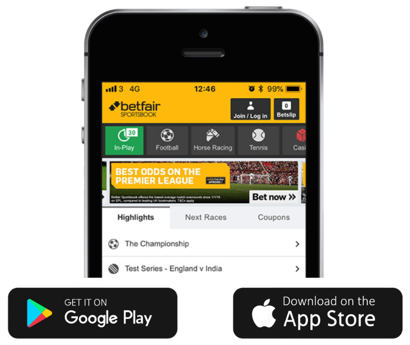 Interface do Betfair APK em um smartphone Android, com destaque para apostas esportivas ao vivo e botão de download visível – betting apk latest version